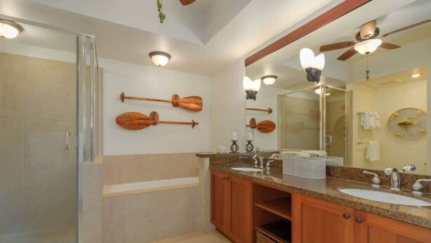 Shower, hair dryer, towels, shampoo