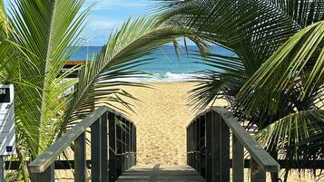 A wooden pathway leading to a beach with palm trees on either side.