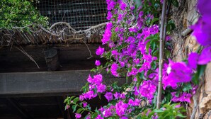 A stone building with a wooden balcony, a metal chair, and purple flowers. - Blue Dawn - Holiday home with cozy terrace, garden & wonderful sea view. (Capo Coda Cavallo)