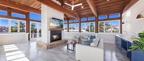 Smart TV, fireplace, music library, computer monitors