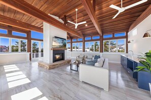 Smart TV, fireplace, music library, computer monitors