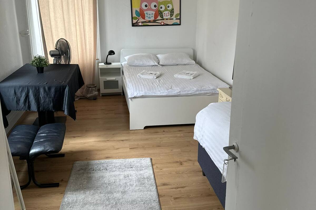 A small, well-lit room with a bed, bedside table, and a desk with a chair. There is a window with curtains, a small table with a plant, and a rug on the floor.