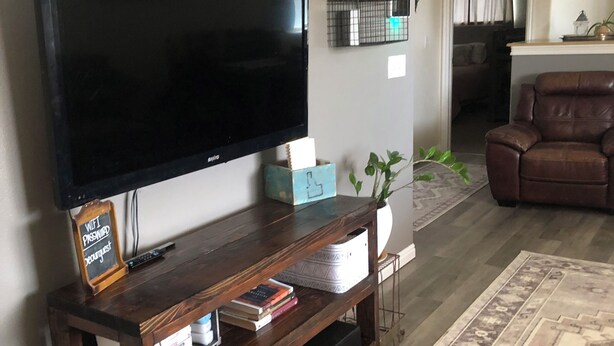Un soggiorno con un'ampia TV a schermo piatto su un supporto in legno, un divano in pelle marrone, un tappeto decorato e un teschio di cervo appeso alla parete.