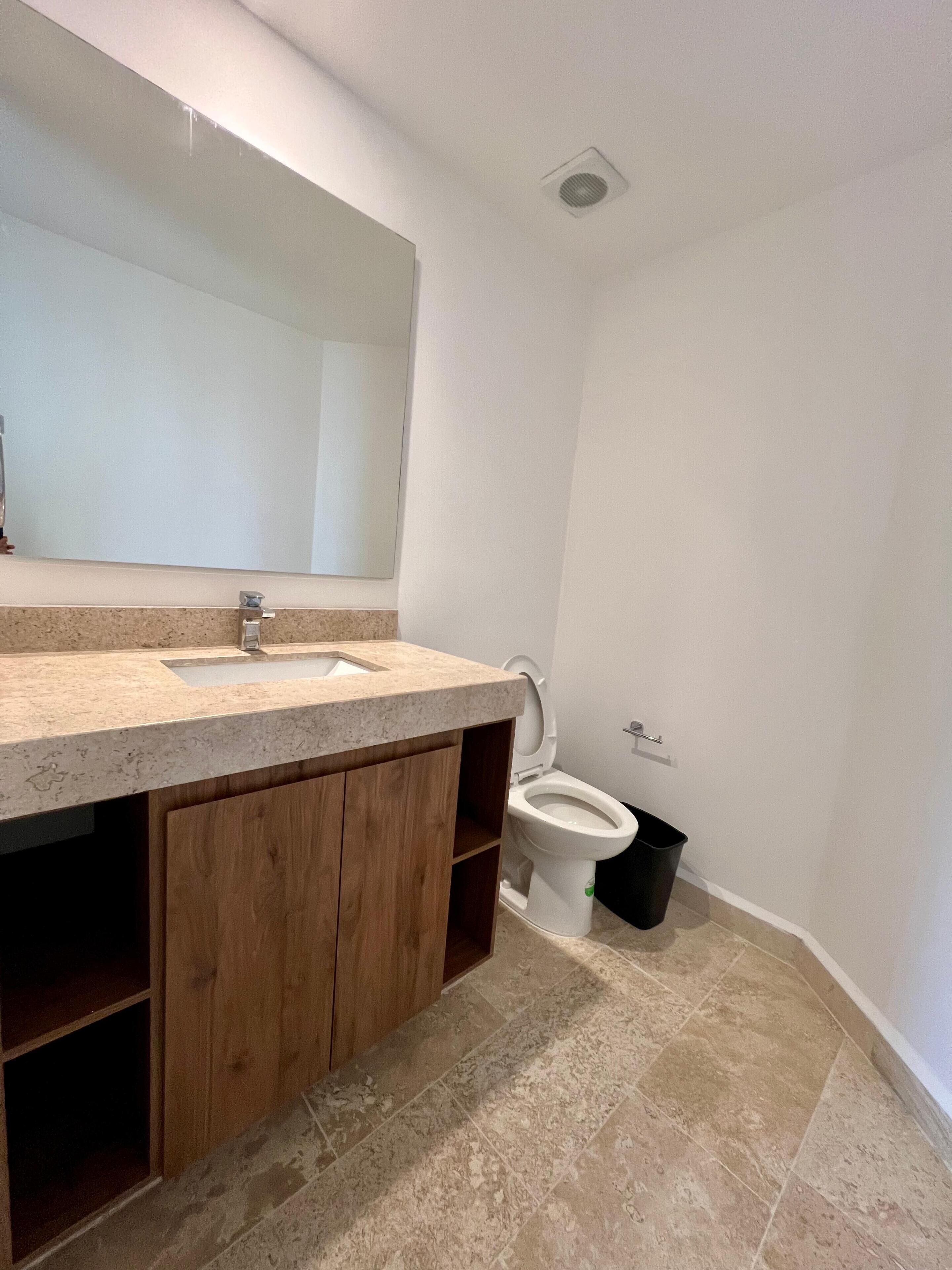 Une salle de bain avec un meuble-lavabo en bois, un grand miroir, des toilettes et une poubelle.