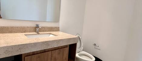 Une salle de bain avec un meuble-lavabo en bois, un grand miroir, des toilettes et une poubelle.