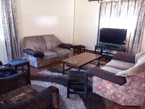 Una sala de estar con un sofá, una mesa de centro, un televisor y una alfombra estampada.