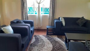 Ein Wohnzimmer mit zwei Sofas, einem Couchtisch und einem gemusterten Teppich.