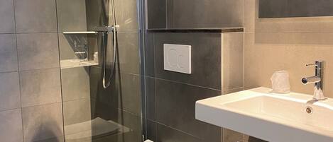 A modern bathroom with a glass-enclosed shower, a white toilet, and a white sink with chrome fixtures.