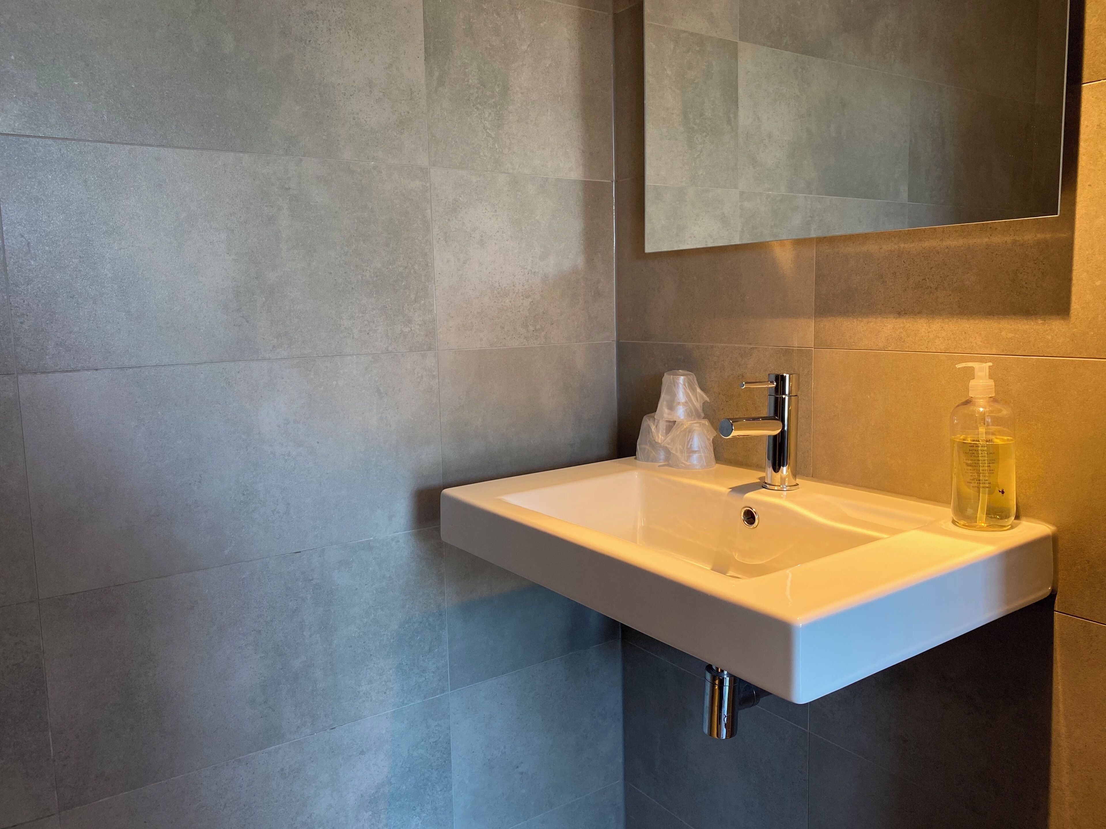 Un baño con un lavabo blanco, un espejo y una botella de jabón líquido.