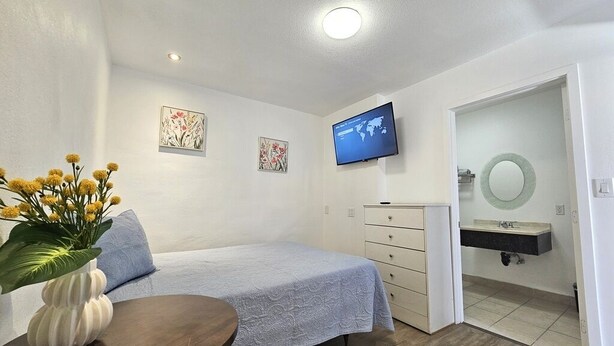 Une chambre à coucher comprenant un lit, une commode, un téléviseur et une salle de bain avec un lavabo et un miroir.