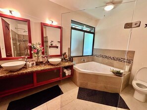 Shower, towels, soap, toilet paper