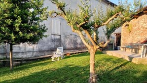 Une cour avec un arbre, une chaise blanche et un bâtiment doté d’un mur en briques.