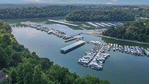Vista aérea de un puerto deportivo con varios muelles y barcos, rodeado de un bosque denso y colinas.
