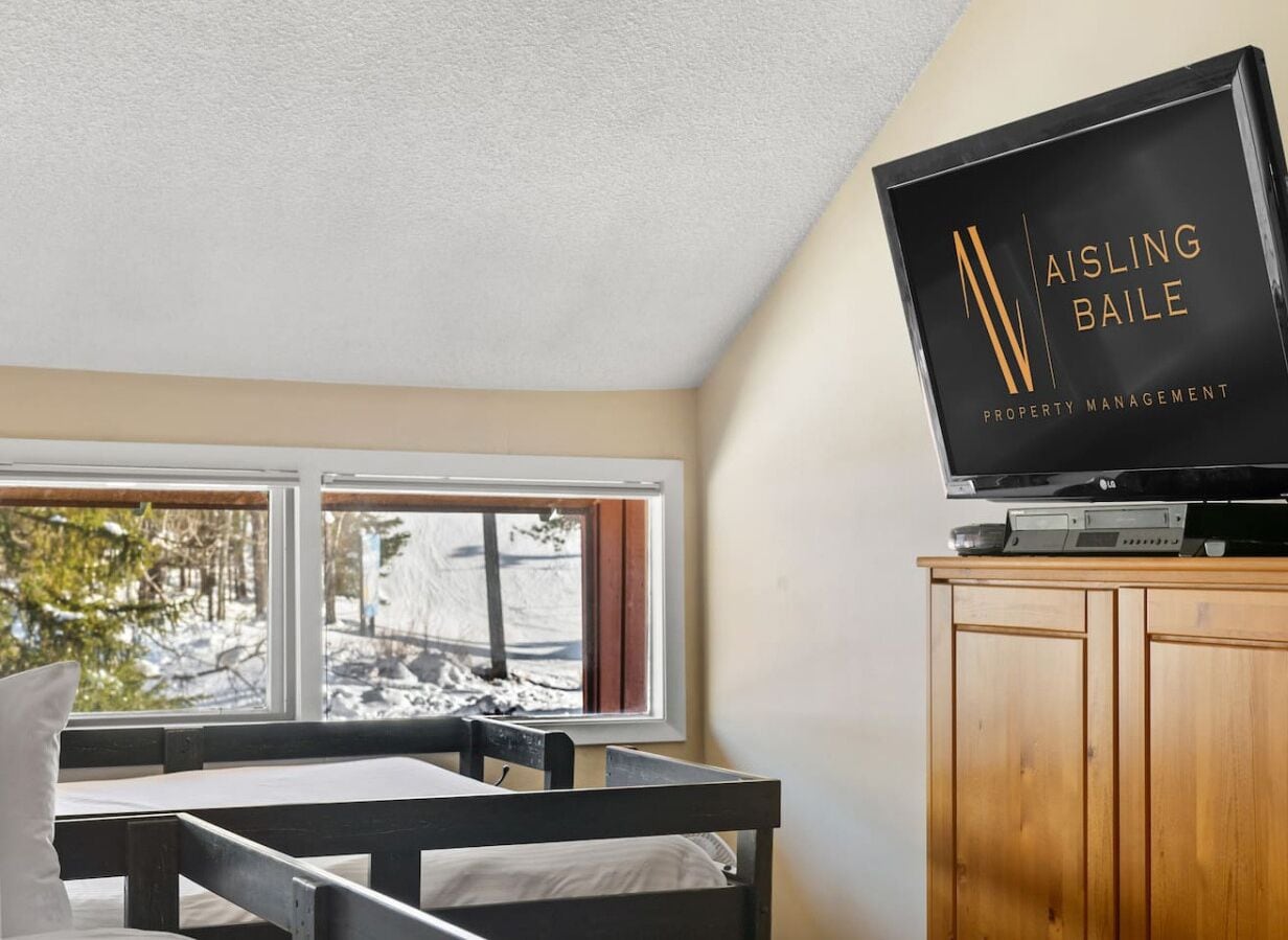 Een kamer met een bed, een televisie op een houten kast, en een raam met uitzicht op bomen en sneeuw.