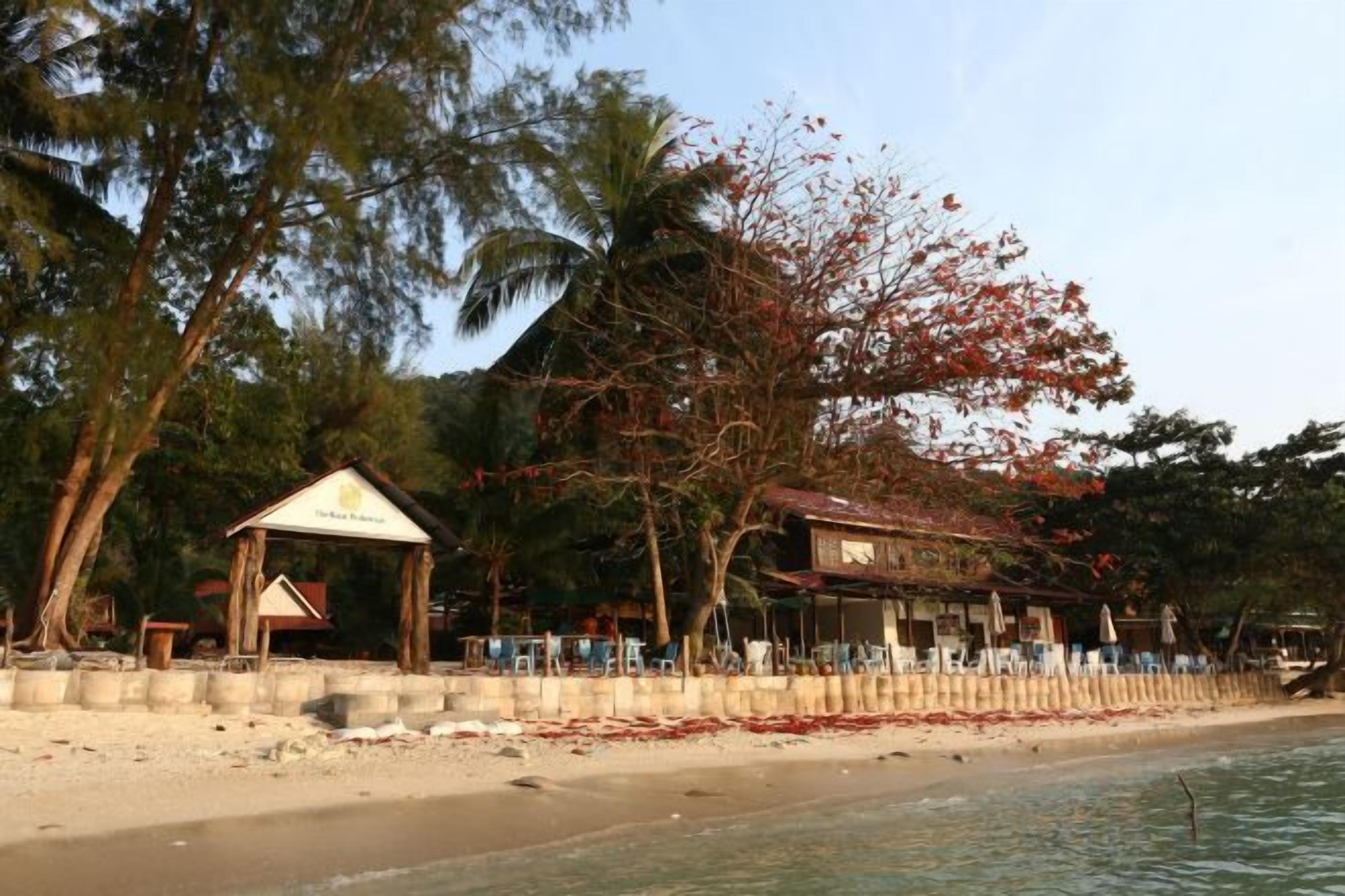 A beachside hotel with a covered seating area, palm trees, and a building with a red roof.