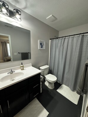 Shower, jetted bath, hair dryer, bidet