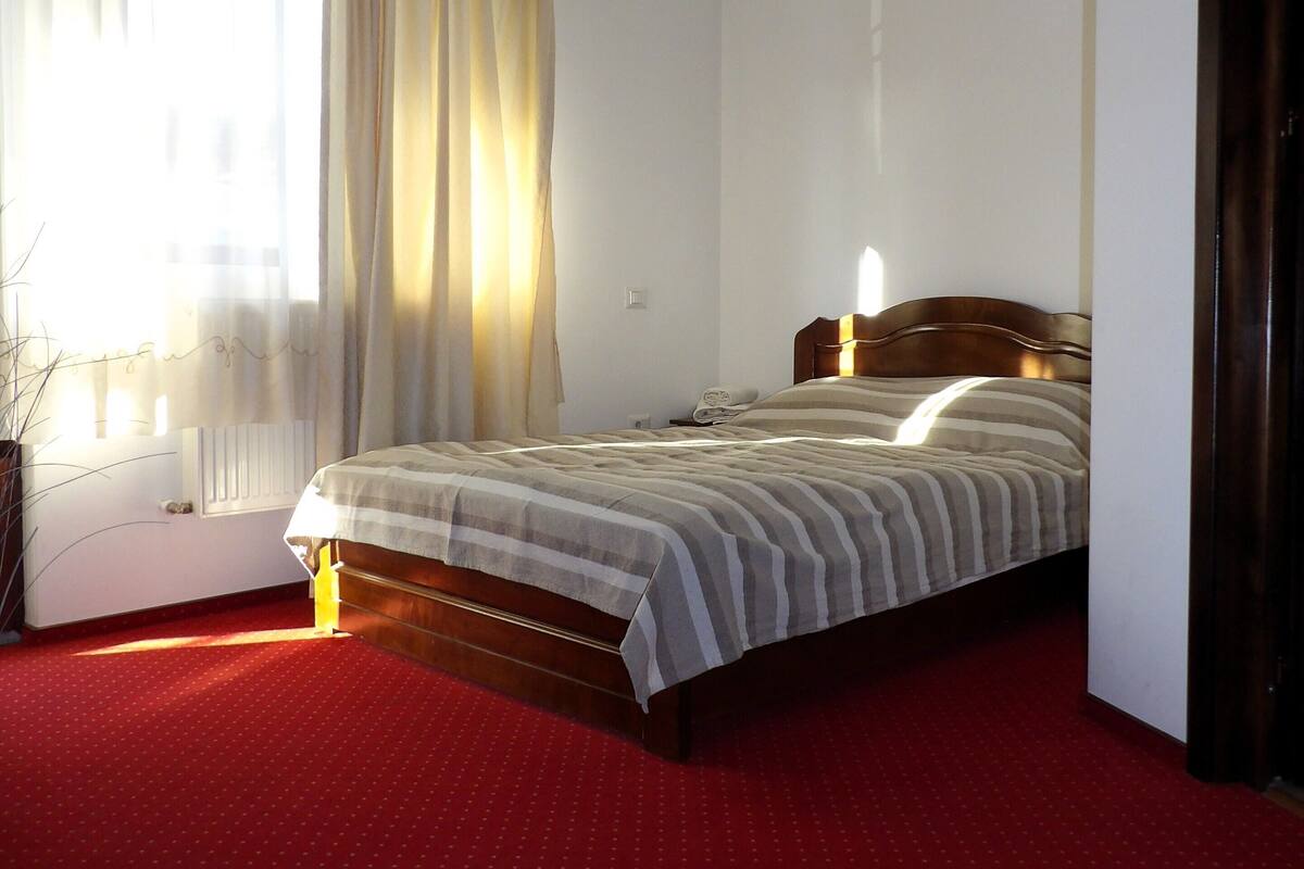 A hotel room with a bed, a window with curtains, a radiator, and a red carpet.