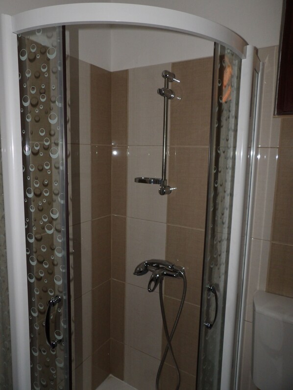 A glass-enclosed shower with a handheld showerhead and a wall-mounted faucet. - Pensiunea Pizza House (Hangu)