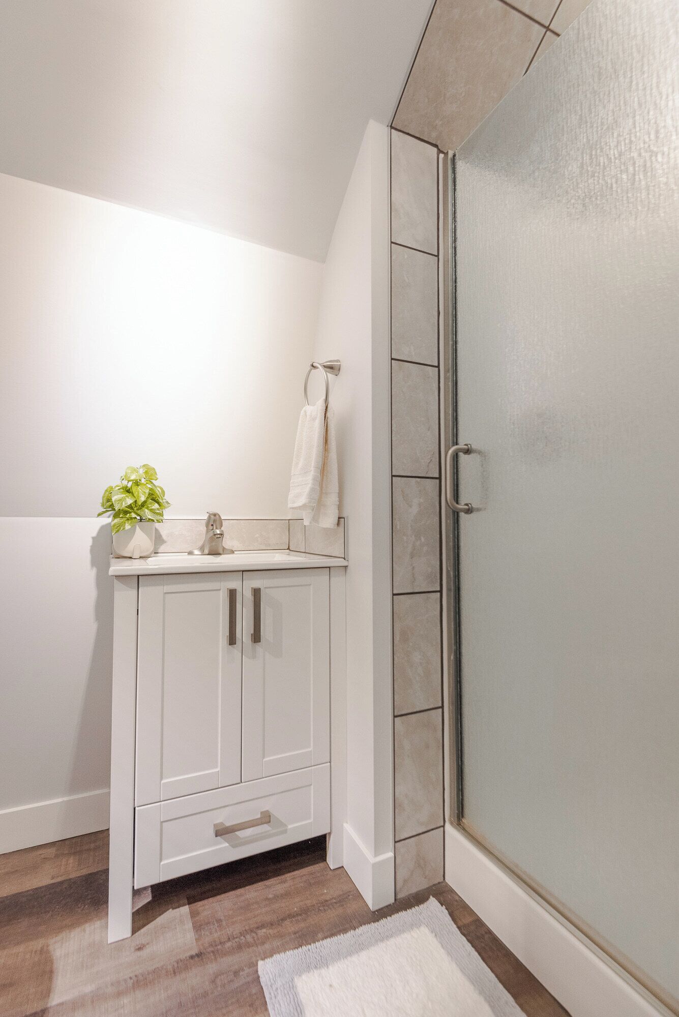 Un baño con ducha, un lavabo con una planta y un perchero para toallas.