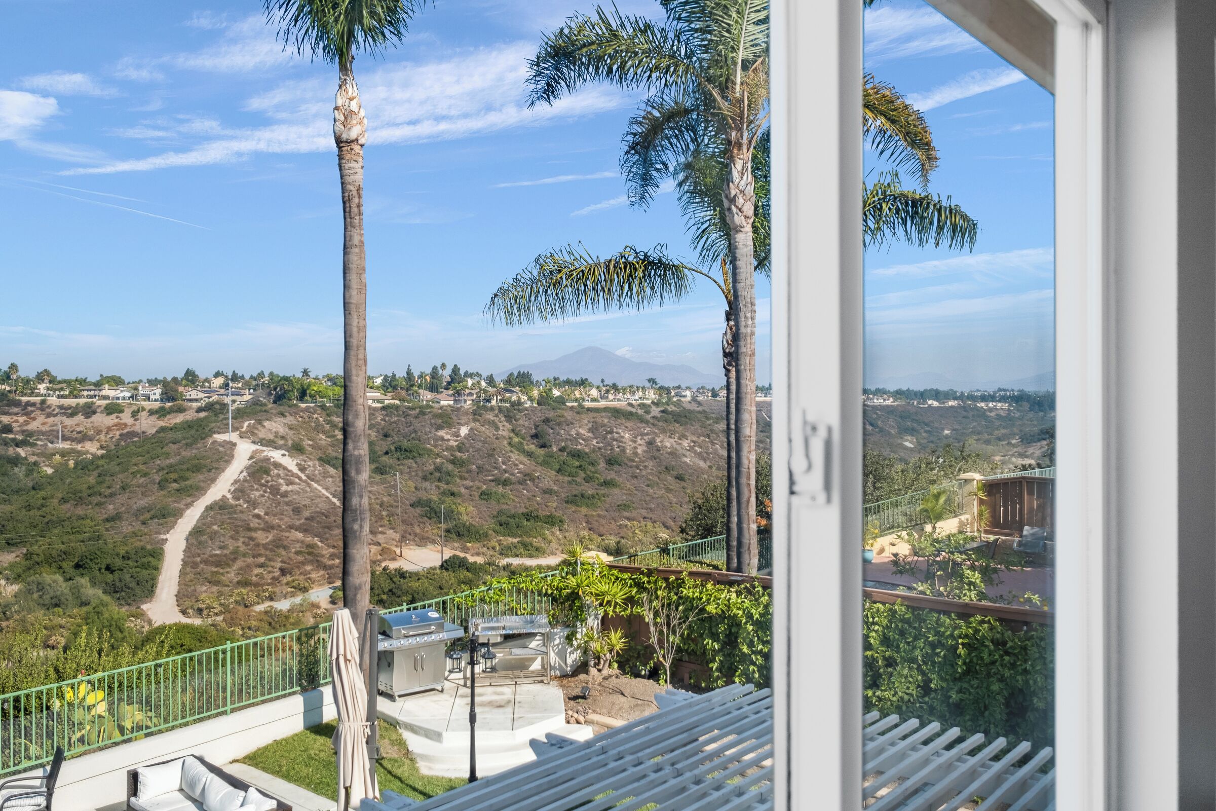 A balcony with a view of a hilly landscape, a palm tree, and a barbecue area.