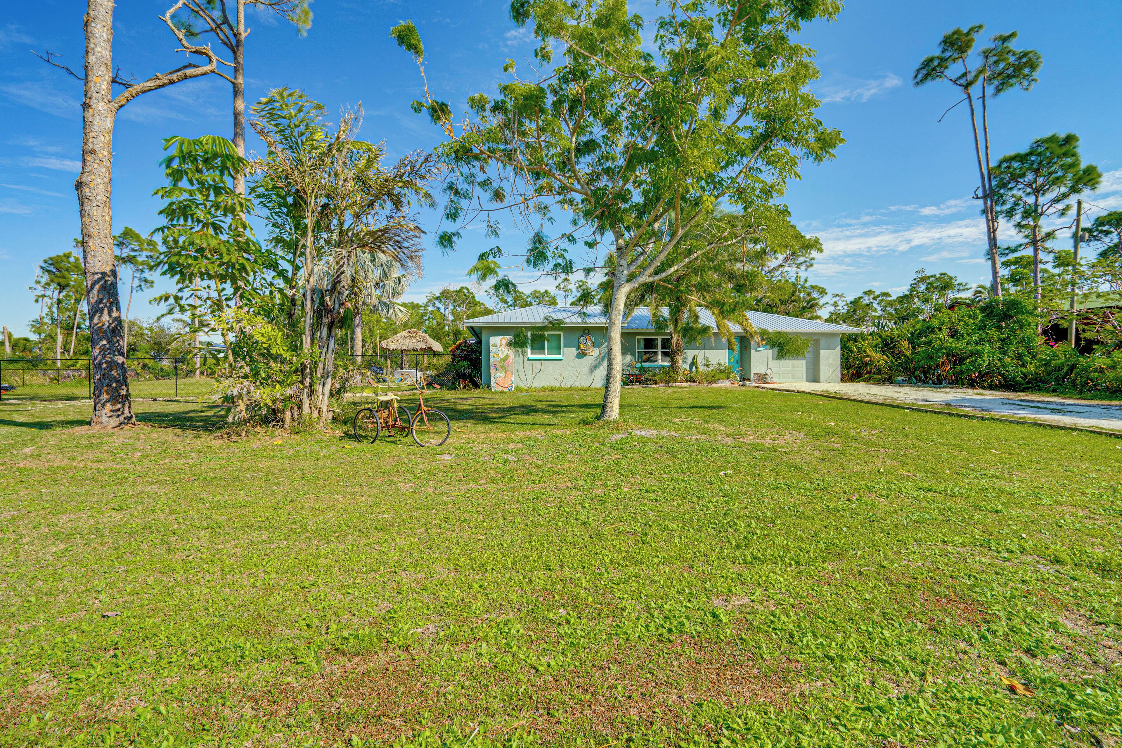A small house with a green roof, surrounded by a grassy yard and trees.