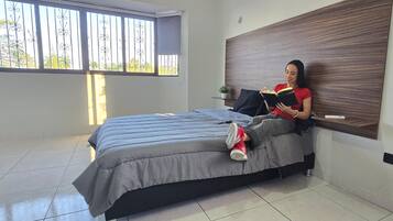 1 bedroom, desk, laptop workspace, blackout curtains