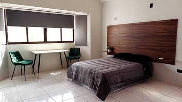 1 bedroom, desk, laptop workspace, blackout curtains