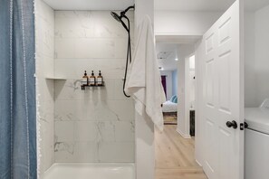 Shower, towels, soap, shampoo