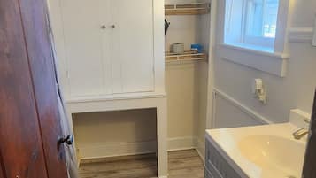 Hair dryer, towels, soap, toilet paper