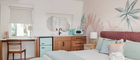 1 bedroom, desk, iron/ironing board, bed sheets