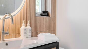 Shower, hair dryer, towels