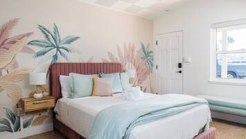 1 bedroom, desk, iron/ironing board, bed sheets