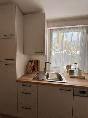 Fridge, oven, dishwasher, coffee/tea maker