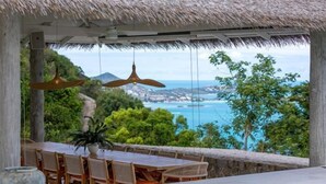 An outdoor dining area with a thatched roof, overlooking a coastal landscape.