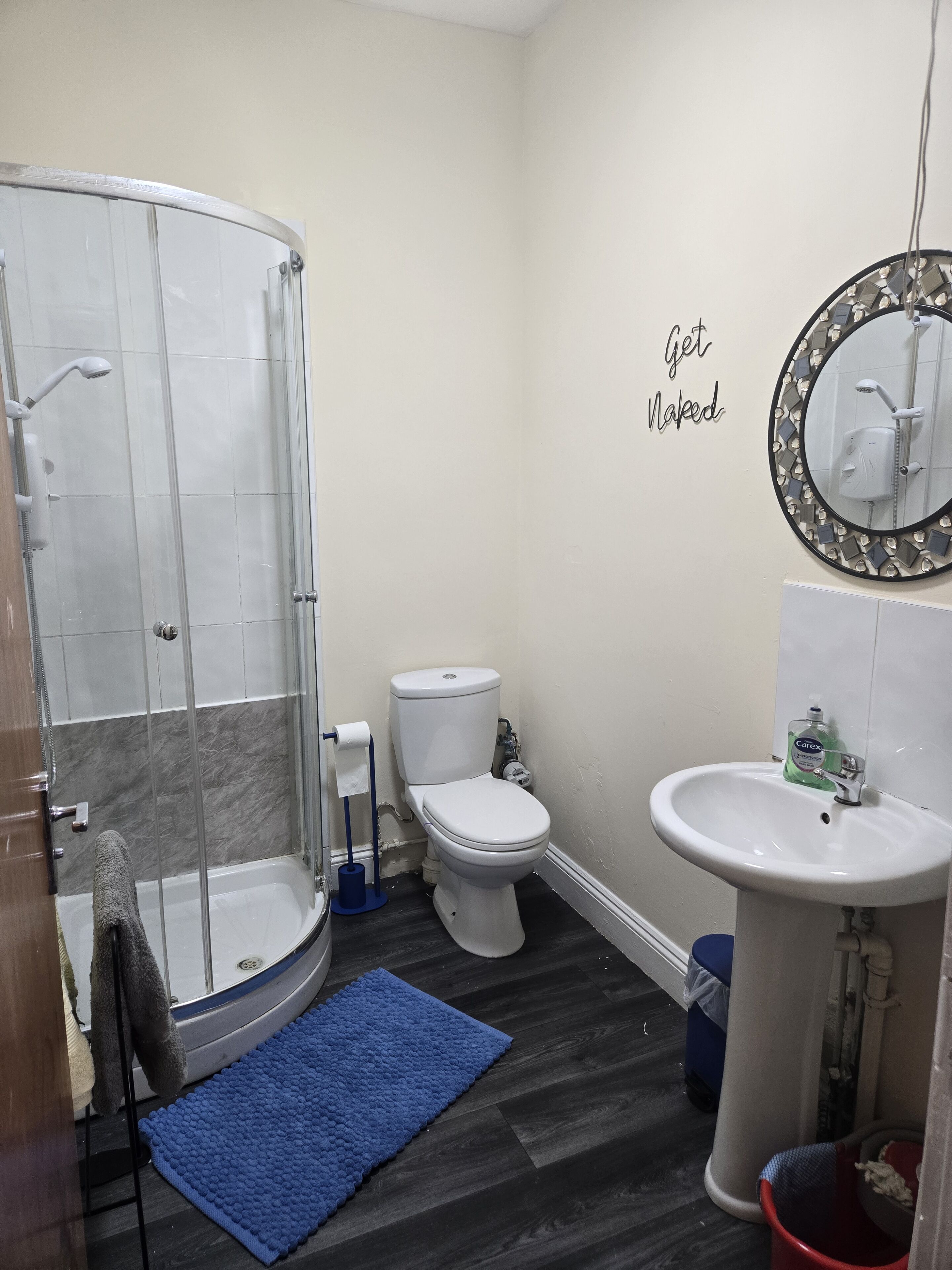 Hair dryer, towels, soap, toilet paper
