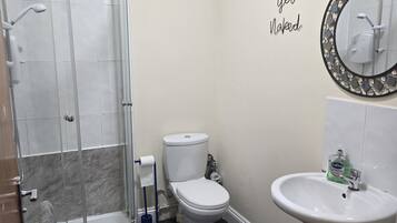 Hair dryer, towels, soap, toilet paper