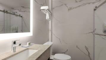 Shower, rainfall showerhead, hair dryer, towels