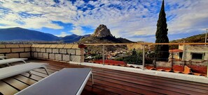 A rooftop terrace with a view of a mountain, a tall tree, and a town below. - Comfortable, amplia y moderna casa familiar con vista a Pena de Bernal (Bernal)