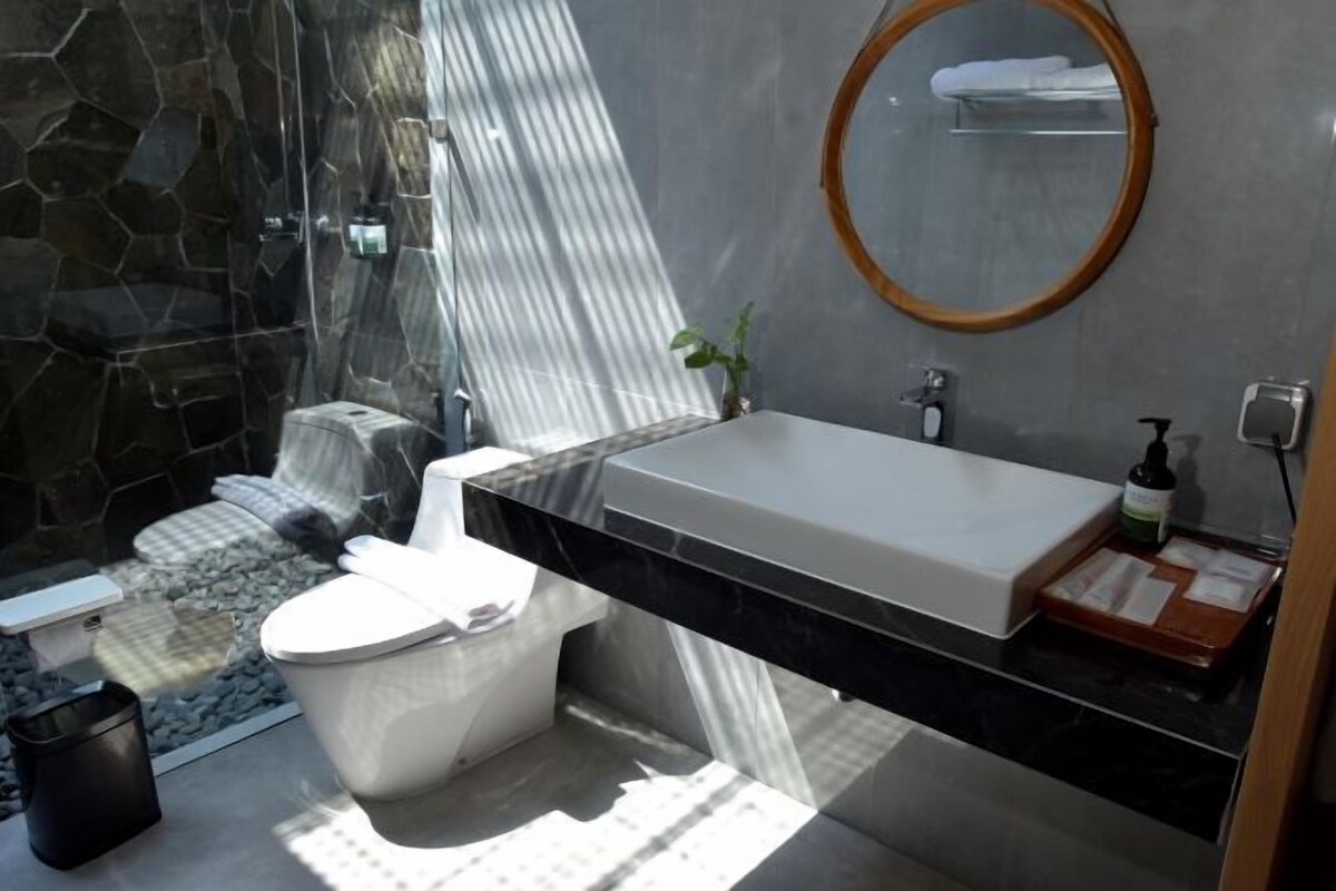 A modern bathroom with a stone shower, a white toilet, a large sink, and a mirror.