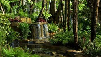 A lush garden with a small waterfall, dense foliage, and a variety of plants.