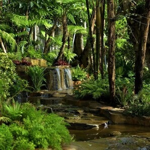 A lush garden with a small waterfall, dense foliage, and a variety of plants. - Sarga Earthing Resort (Cipanas)