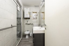 Chuveiro, secador de cabelo, bidê, toalhas de banho