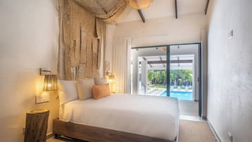 Studio Deluxe, vue piscine | Draps en coton égyptien, literie de qualité supérieure