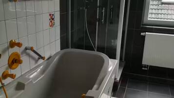 Hair dryer, towels, soap, toilet paper