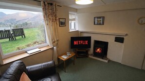 A living room with a fireplace, a television displaying 'NETFLIX,' a sofa, and a view of mountains through a window.