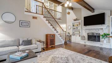 Smart TV, fireplace, books