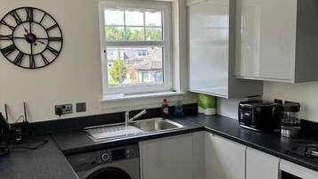 Family Apartment | Private kitchen | Full-sized fridge, microwave, oven, stovetop