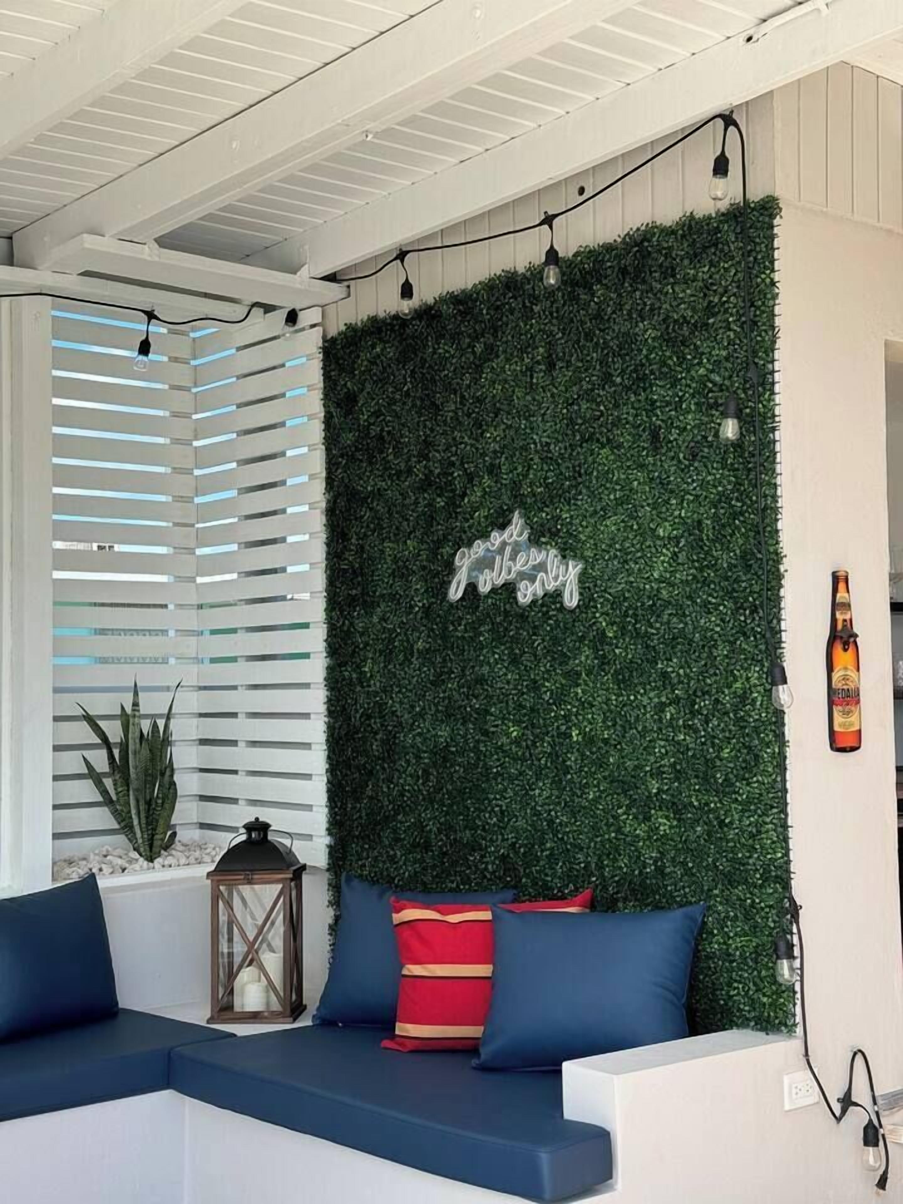 Een modern interieur met een groene wand, een wit plafond en een blauwe bank met rode en blauwe kussens.