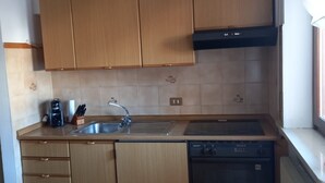 Uma cozinha compacta com armários de madeira, uma pia, um fogão e uma máquina de lavar louça.