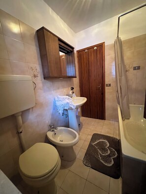 Hair dryer, bidet, towels, soap